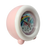 Réveil enfant rose/blanc, vue latérale avec cadran rond et motif coloré.