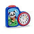 Réveil bleu avec motif panda et cadran analogique, bouton rouge sur le dessus