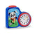 Réveil bleu avec motif panda, bordure rouge sur le cadran analogique et figurine de football