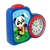 Petit réveil bleu avec motif panda, bouton rouge et cadran analogique