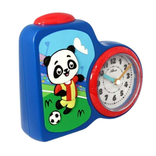 Réveil bleu avec motif panda, anneau rouge et cadran analogique