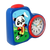 Réveil bleu avec motif panda, anneau rouge et cadran analogique