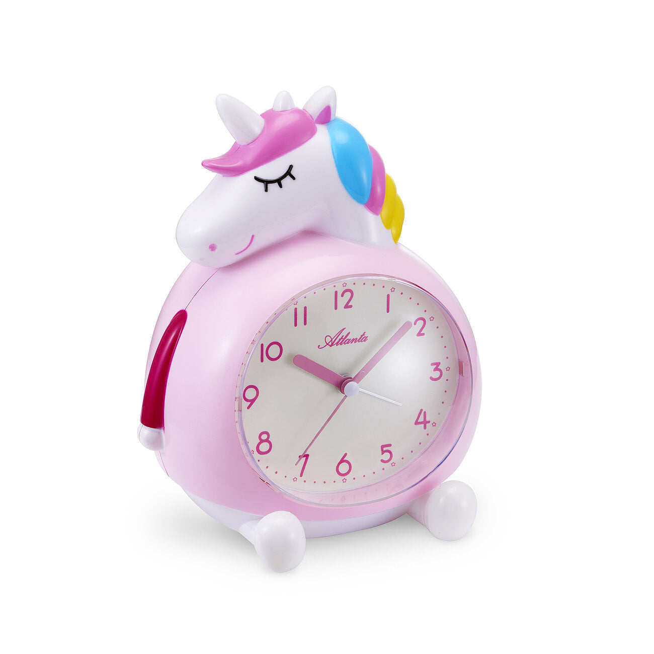 Réveil enfant licorne rose avec corne bleue, cadran analogique
