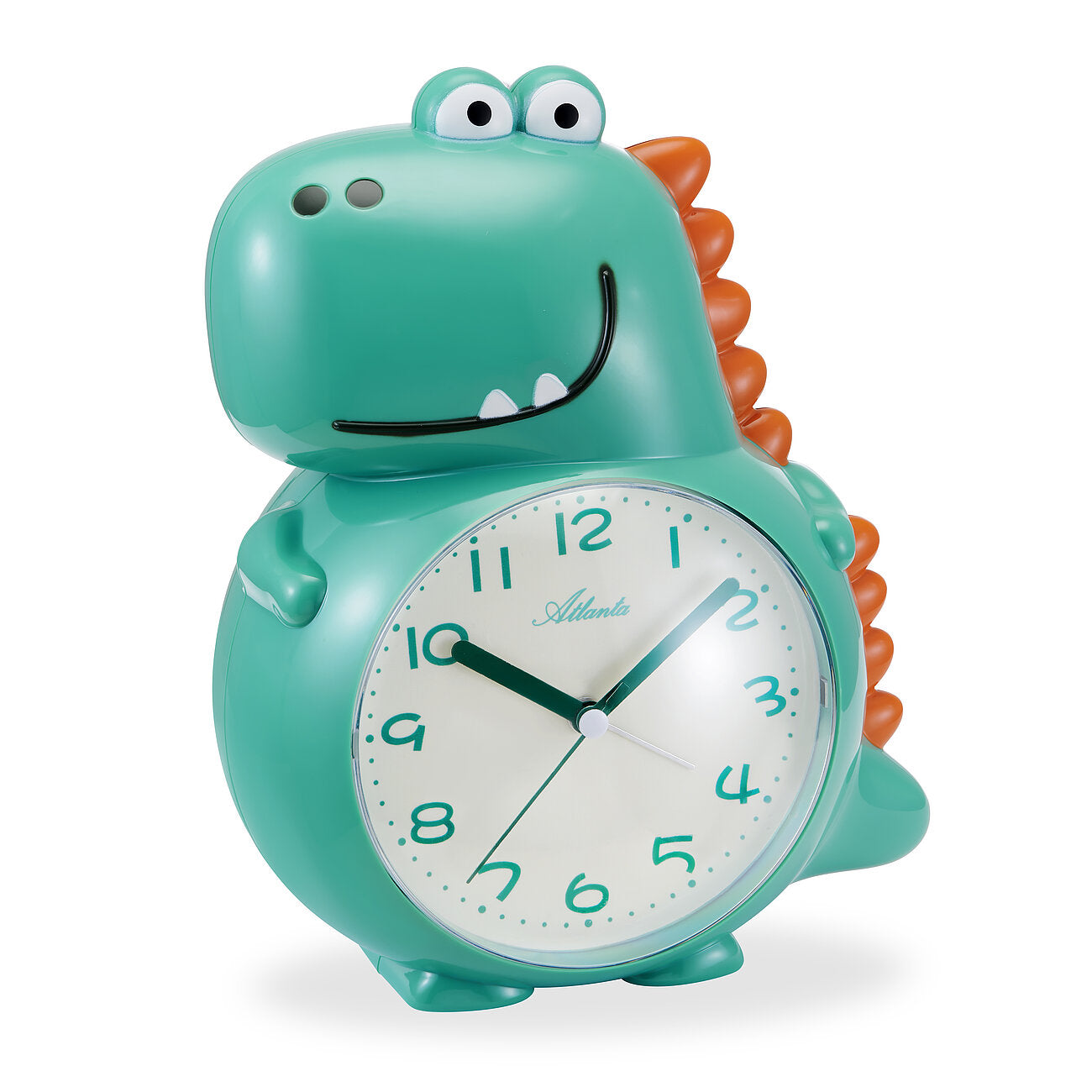 Réveil enfant avec tête de dinosaure, turquoise, piquants orange et cadran rond