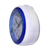 Réveil avec boîtier rond blanc et cadre bleu, vue latérale