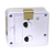 Arrière du réveil avec deux grilles de haut-parleur rondes et un bouton doré sur le dessus