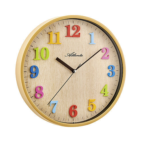 Horloge murale ronde avec cadre marron, cadran beige et chiffres colorés