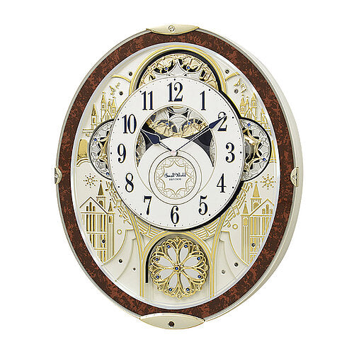 Horloge murale ovale, cadran blanc avec ornements dorés et chiffres romains