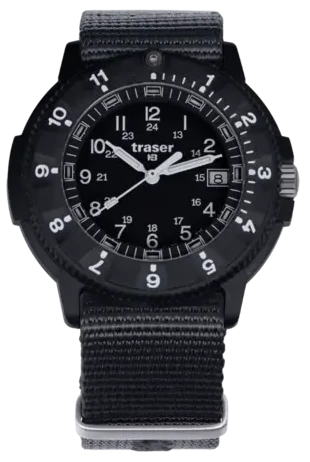 Montre homme avec cadran noir, index marqués et bracelet textile noir