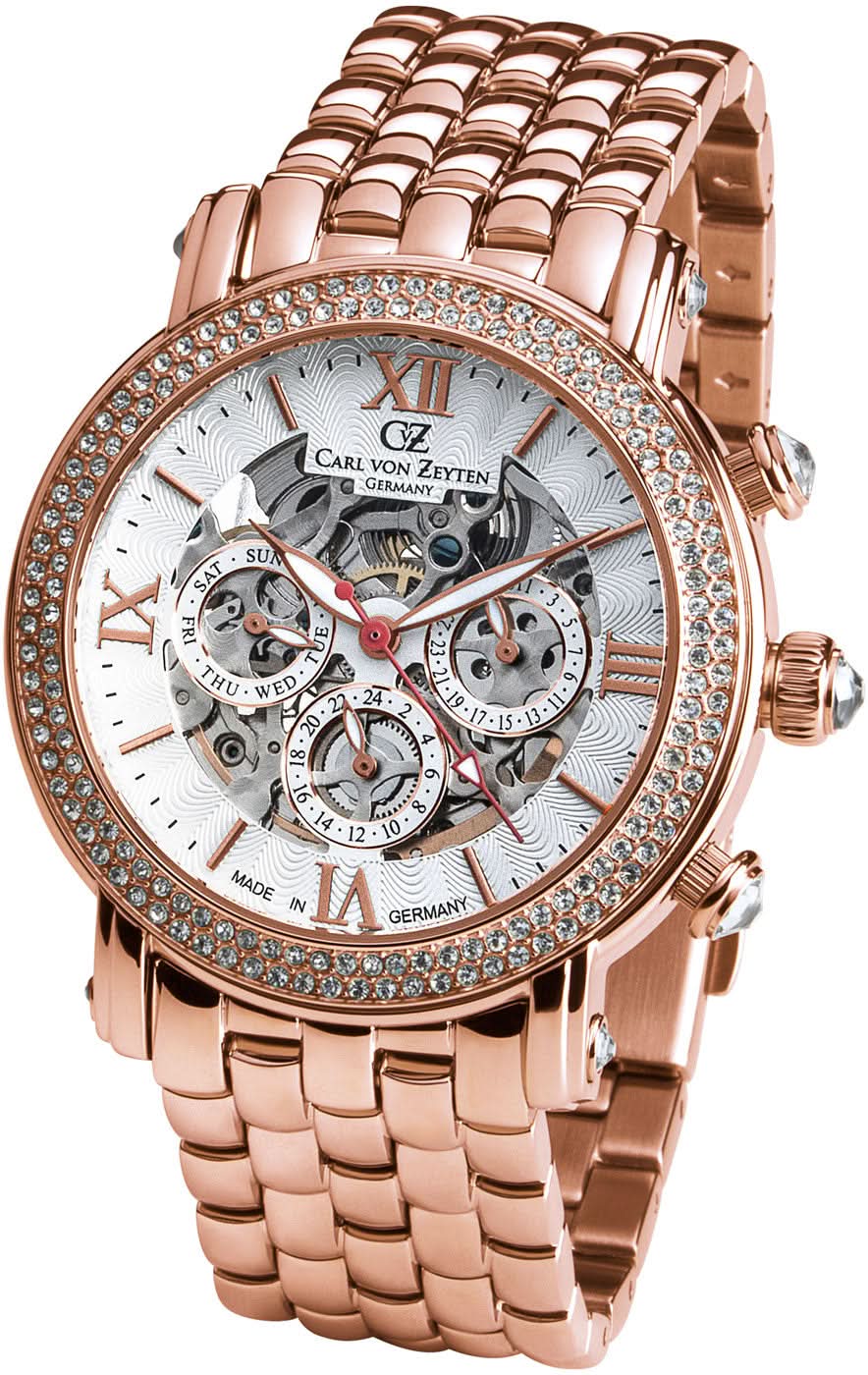 Montre femme Carl von Zeyten avec bracelet en métal or rose, lunette ornée de pierres et balancier ouvert