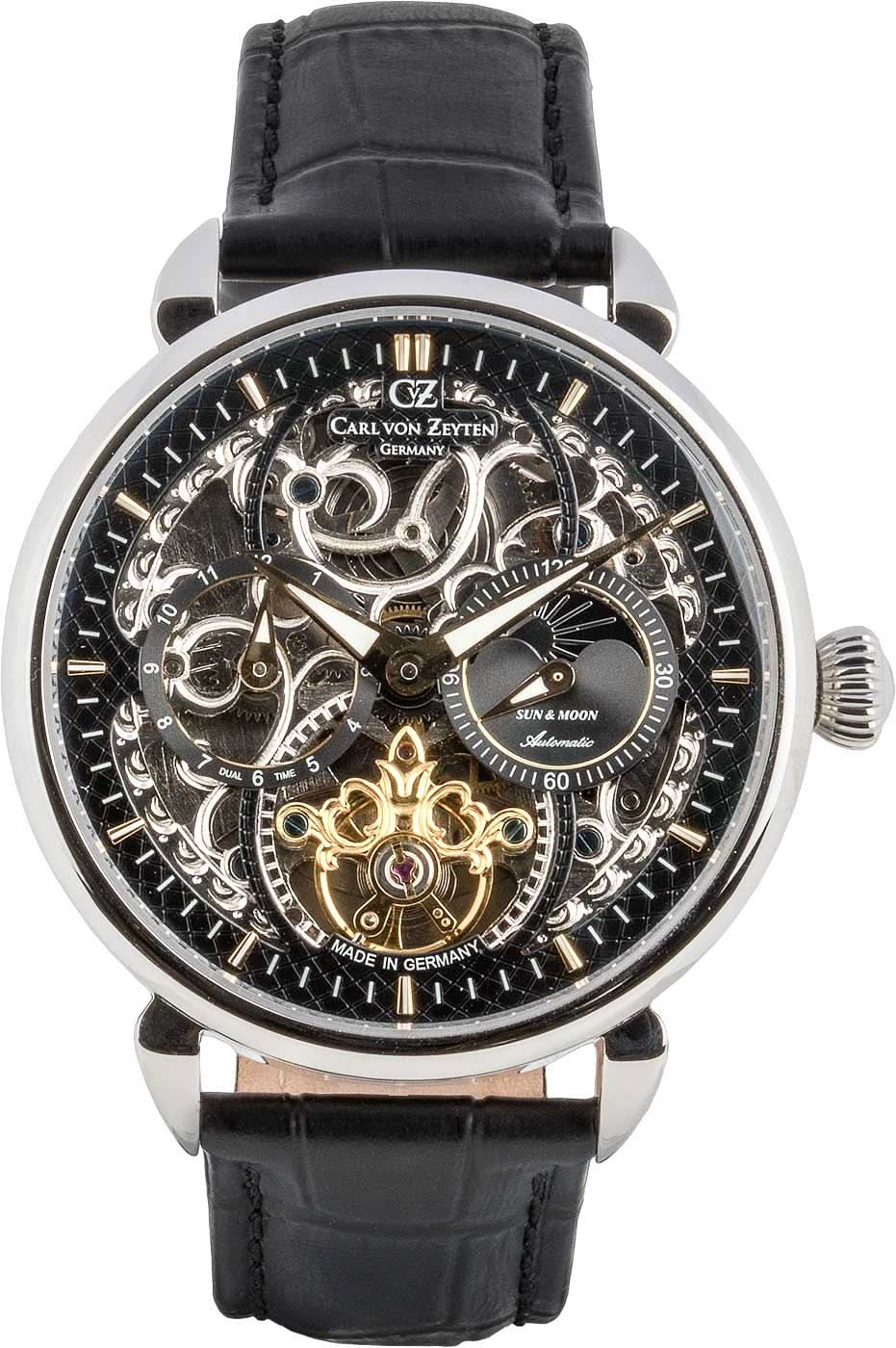 Montre homme : cadran squelette, bracelet en cuir noir et boîtier rond