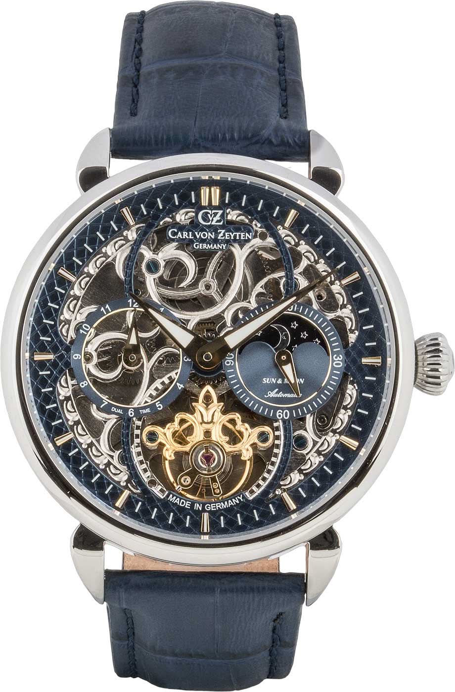 Montre squelette pour homme avec bracelet en cuir bleu foncé, boîtier rond et cadran bleu