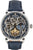 Montre squelette pour homme avec bracelet en cuir bleu foncé, boîtier rond et cadran bleu