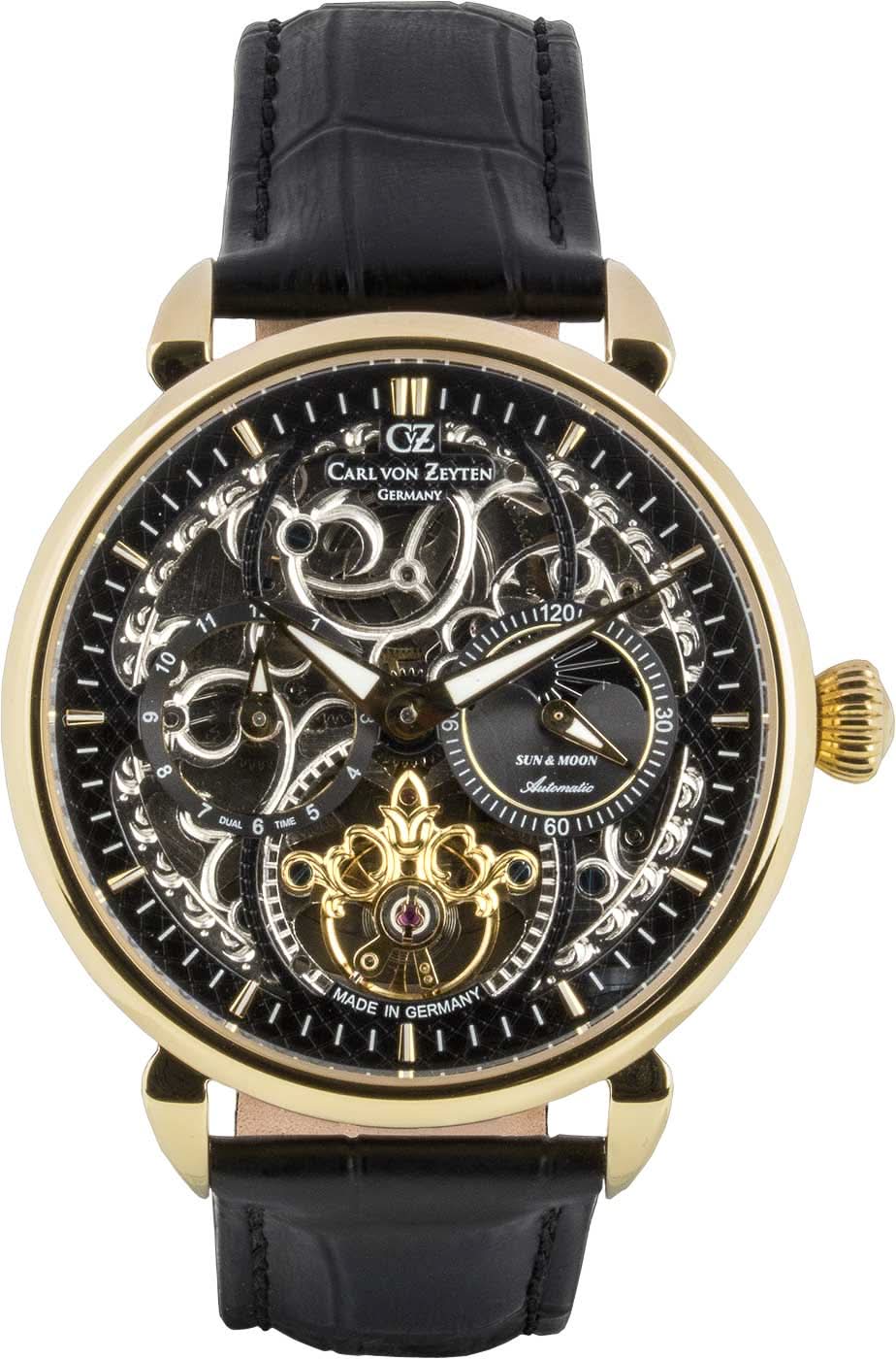 Montre Carl von Zeyten pour homme, cadran squelette, bracelet en cuir noir, lunette dorée