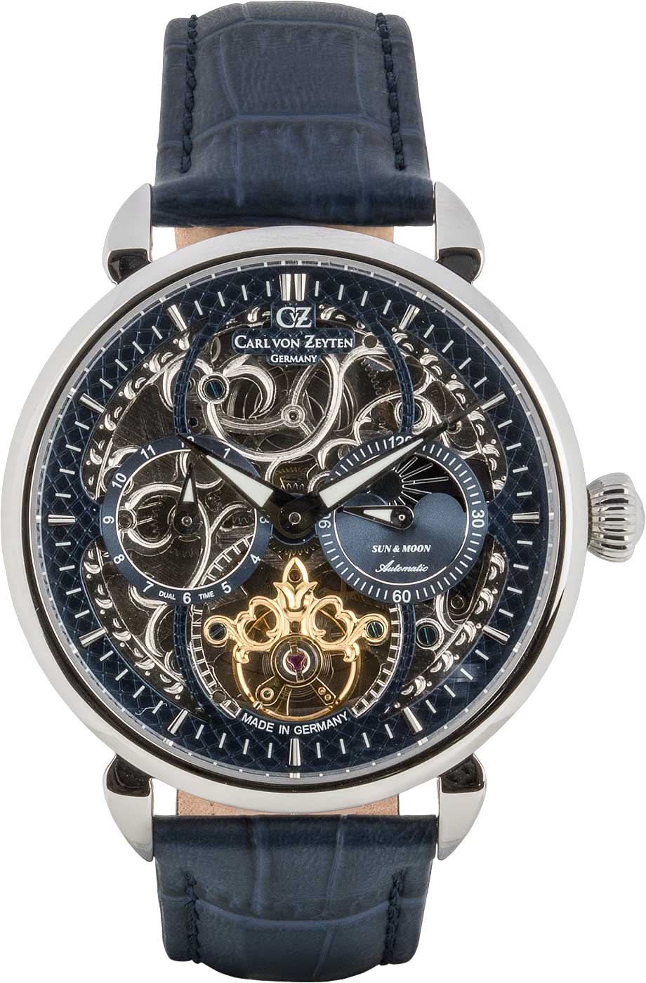 Montre squelette pour homme avec bracelet en cuir bleu et mouvement apparent dans un boîtier rond