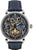 Montre squelette pour homme avec bracelet en cuir bleu et mouvement apparent dans un boîtier rond