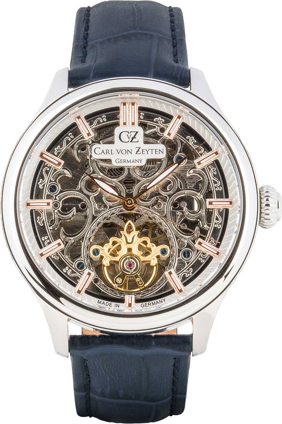 Montre homme avec cadran squelette et bracelet en cuir bleu