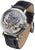 Montre homme : bracelet en cuir noir, cadran squelette argenté avec chiffres romains