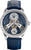 Montre avec bracelet en cuir bleu et boîtier argenté, cadran bleu avec chiffres romains.