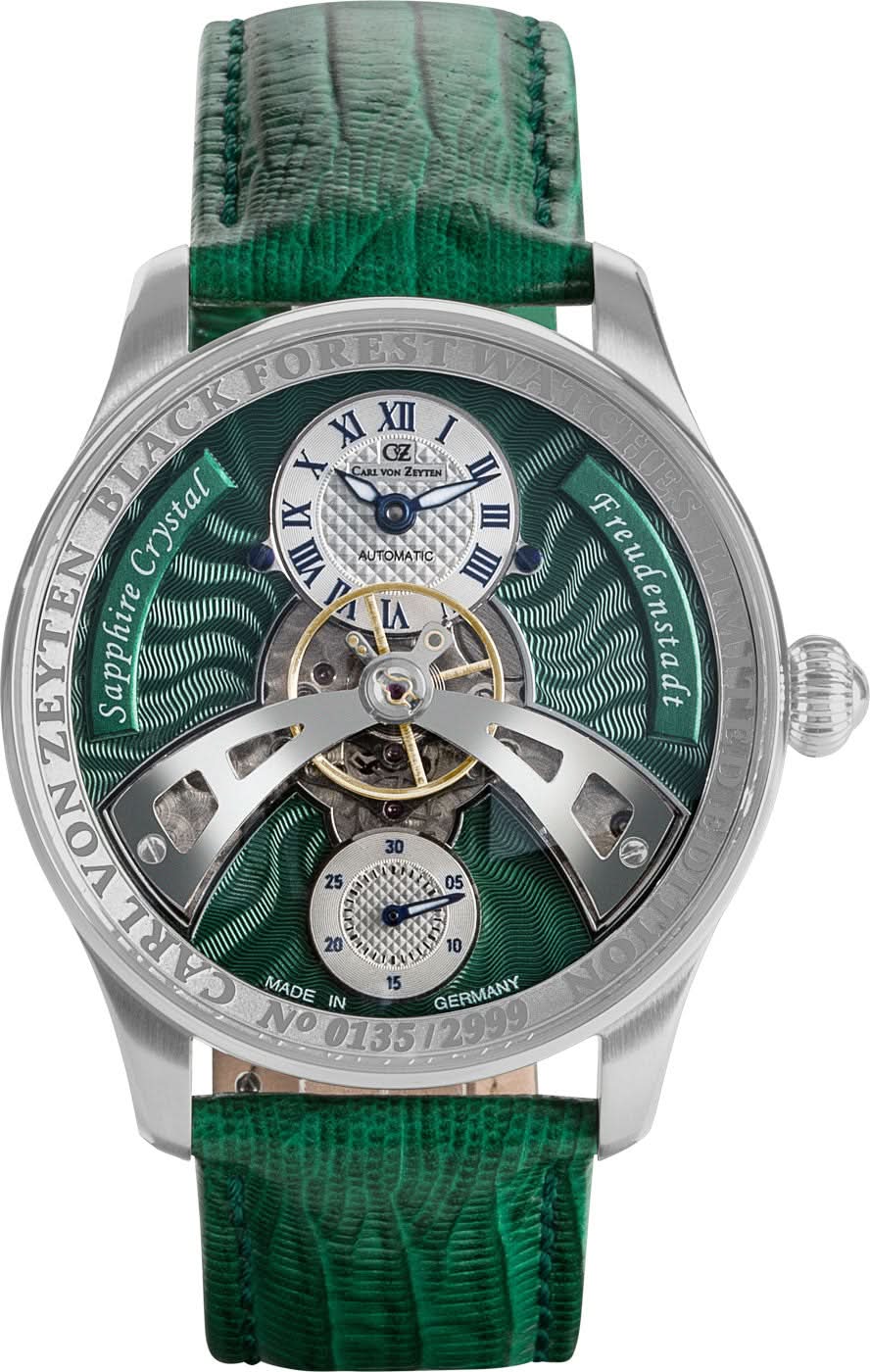 Bracelet de montre pour homme avec cadran ouvert, bracelet en cuir vert et boîtier en acier inoxydable argenté
