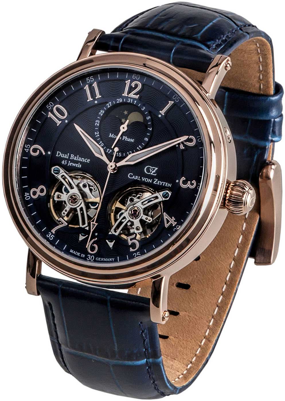 Herrenarmbanduhr mit dunkelblauem Zifferblatt, Mondphase, Skelettwerk und Lederarmband