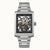 Eckige Herrenuhr mit silberfarbenem Metallarmband und skelettiertem Zifferblatt