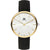 Herrenuhr mit schwarzem Lederarmband, goldfarbigem Bicolor-Gehäuse und weißem Zifferblatt