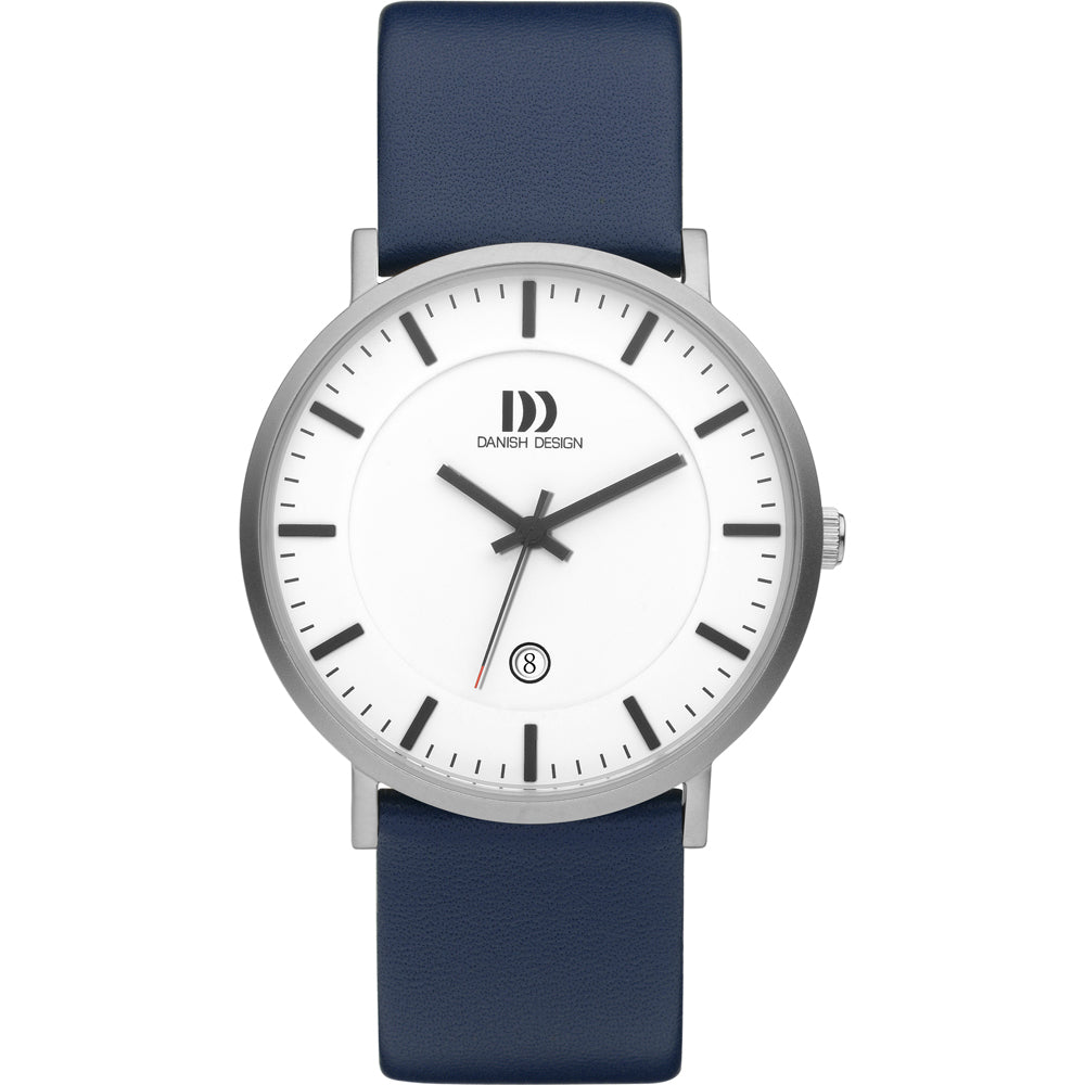 Herrenarmbanduhr mit rundem silbernem Gehäuse, weißem Zifferblatt und blauem Lederarmband