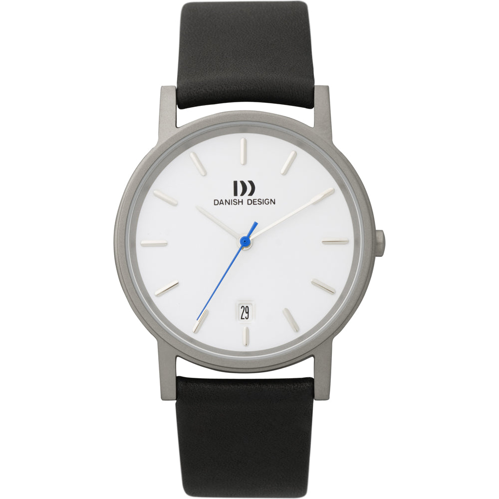 Herren-Armbanduhr von Danish Design mit Titan-Gehäuse, weißem Zifferblatt, Datumsanzeige, Lederarmband