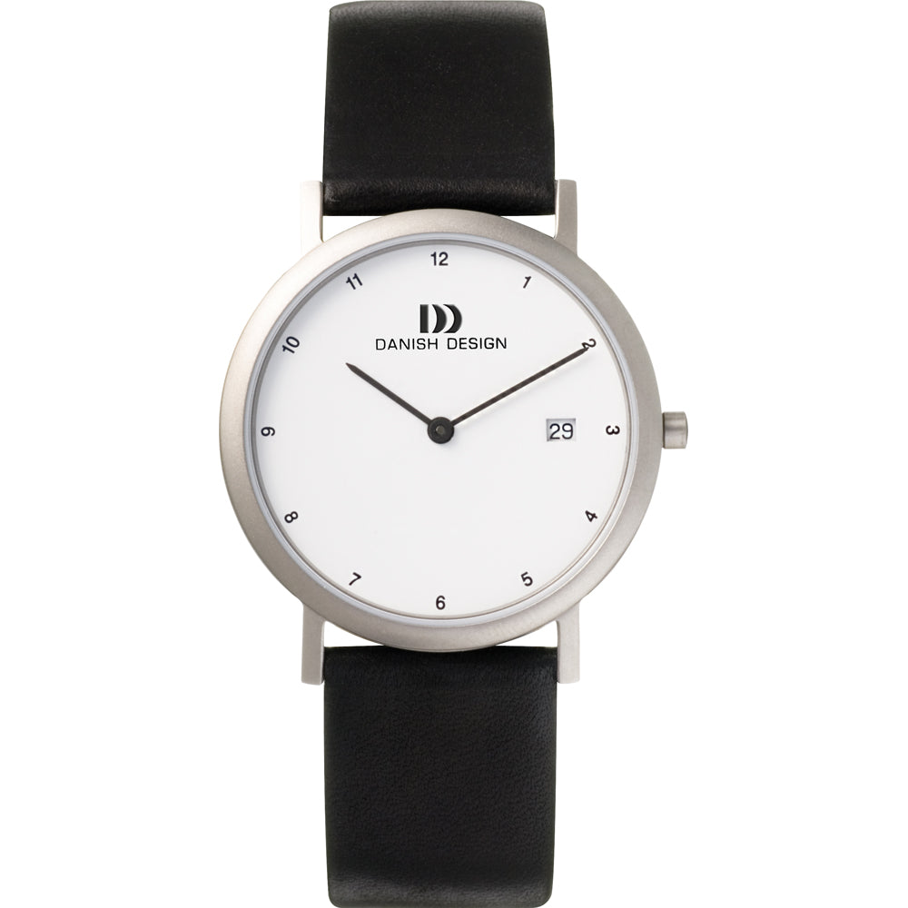 Herrenarmbanduhr Danish Design mit schwarzem Lederband, silbernem Titangehäuse, weißem Zifferblatt und Datumsanzeige