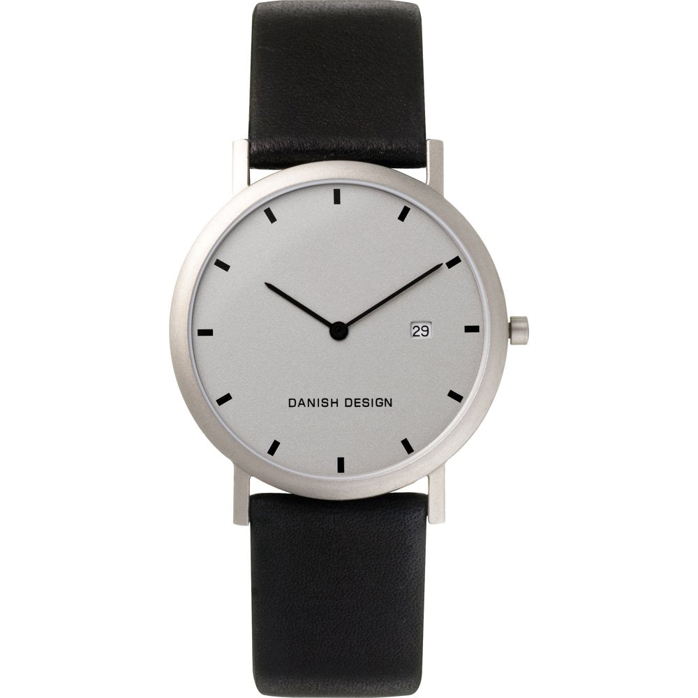 Danish Design Damenuhr mit rundem silbernem Gehäuse, schwarzem Lederarmband und schwarzem Index.