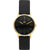 Damenarmbanduhr mit schwarzem Lederarmband und schwarzem Zifferblatt, goldfarbener Lünette
