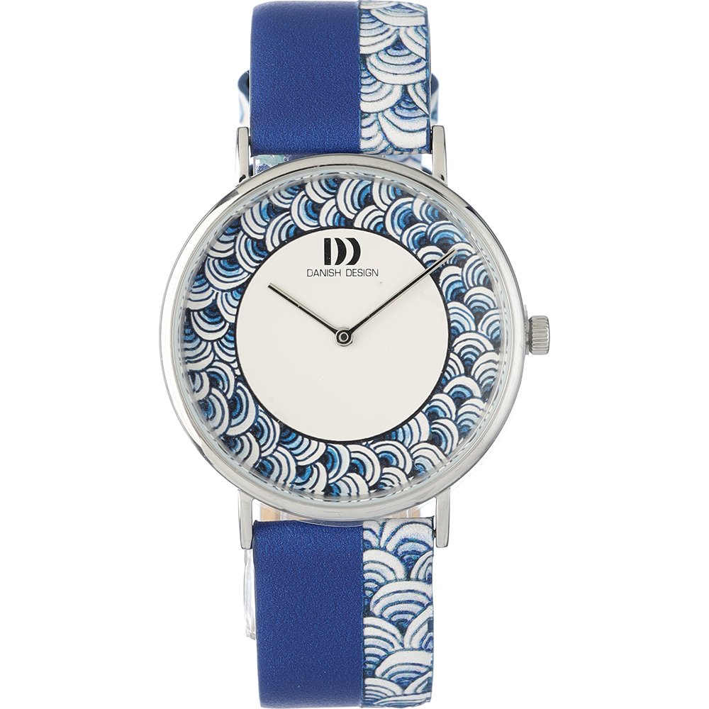 Danish Design Damenarmbanduhr mit blauem Lederarmband, weißem Zifferblatt und Delfter Wellenmuster
