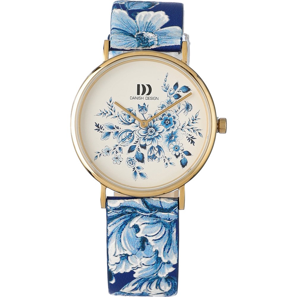 Damenarmbanduhr mit rundem Creme-Zifferblatt und blauem Blütenmuster, Fassung, blauer Riemen