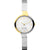 Damen-Armbanduhr mit silbernem Metallarmband, weißem Zifferblatt und goldenen Indexen