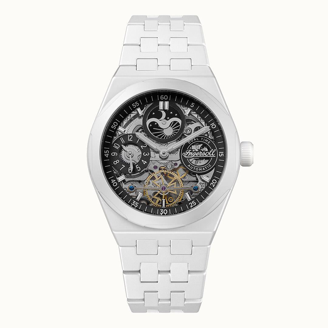 Herrenuhr mit weißem Keramikarmband, schwarzem Zifferblatt, Automatik, Dual Time