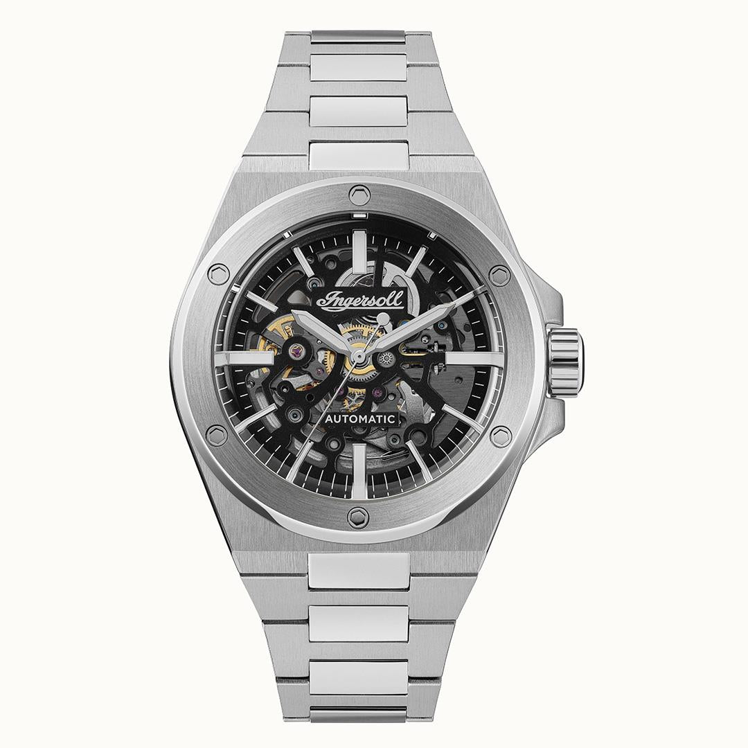 Herrenuhr mit Skelett-Zifferblatt, schwarzem Hintergrund und silbernem Edelstahlarmband