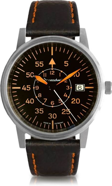 Montre aviateur unisexe : cadran sombre, boîtier argenté, bracelet en cuir noir avec surpiqûres orange