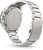 Bracelet pour homme vu de dos : boîtier rond en acier inoxydable argenté avec fond gravé