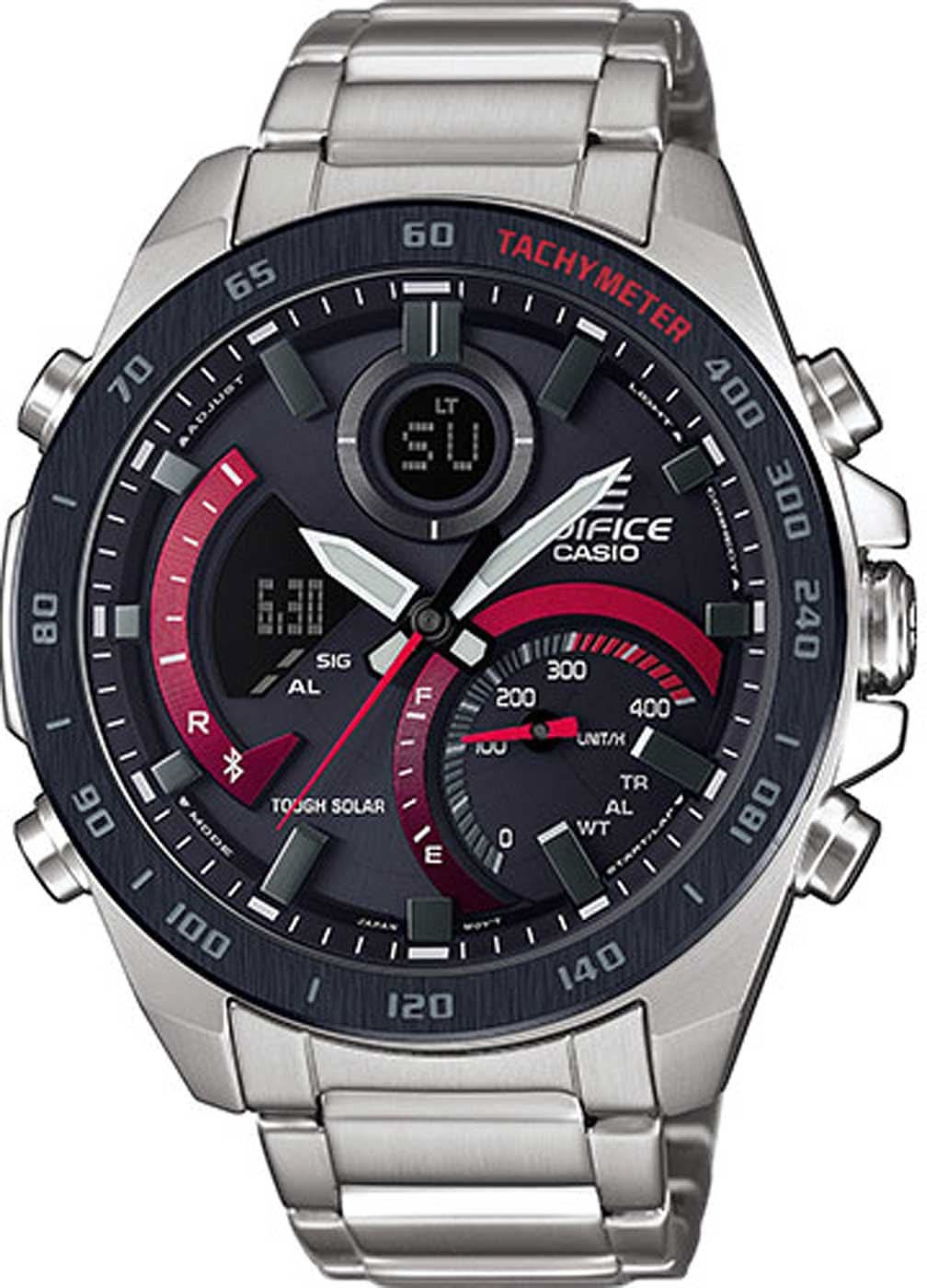 Montre bracelet pour homme avec bracelet en métal argenté et cadran sombre avec anneau tachymètre