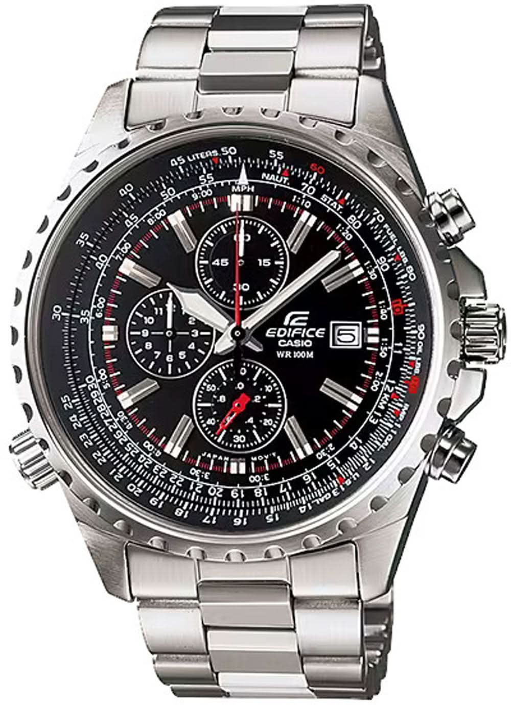 Montre chronographe pour homme avec bracelet en acier inoxydable, cadran noir et accents rouges