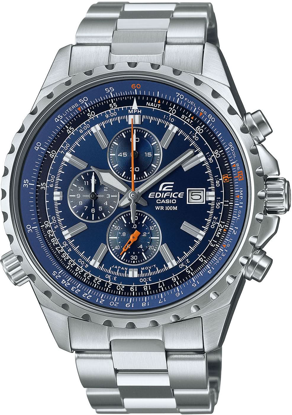 Montre chronographe pour homme avec cadran bleu et bracelet en acier inoxydable.