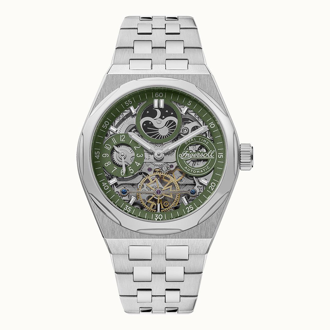 Herrenarmbanduhr mit silbernem Edelstahlarmband und grünem Zifferblatt, Automatik.
