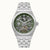 Herrenarmbanduhr mit silbernem Edelstahlarmband und grünem Zifferblatt, Automatik.