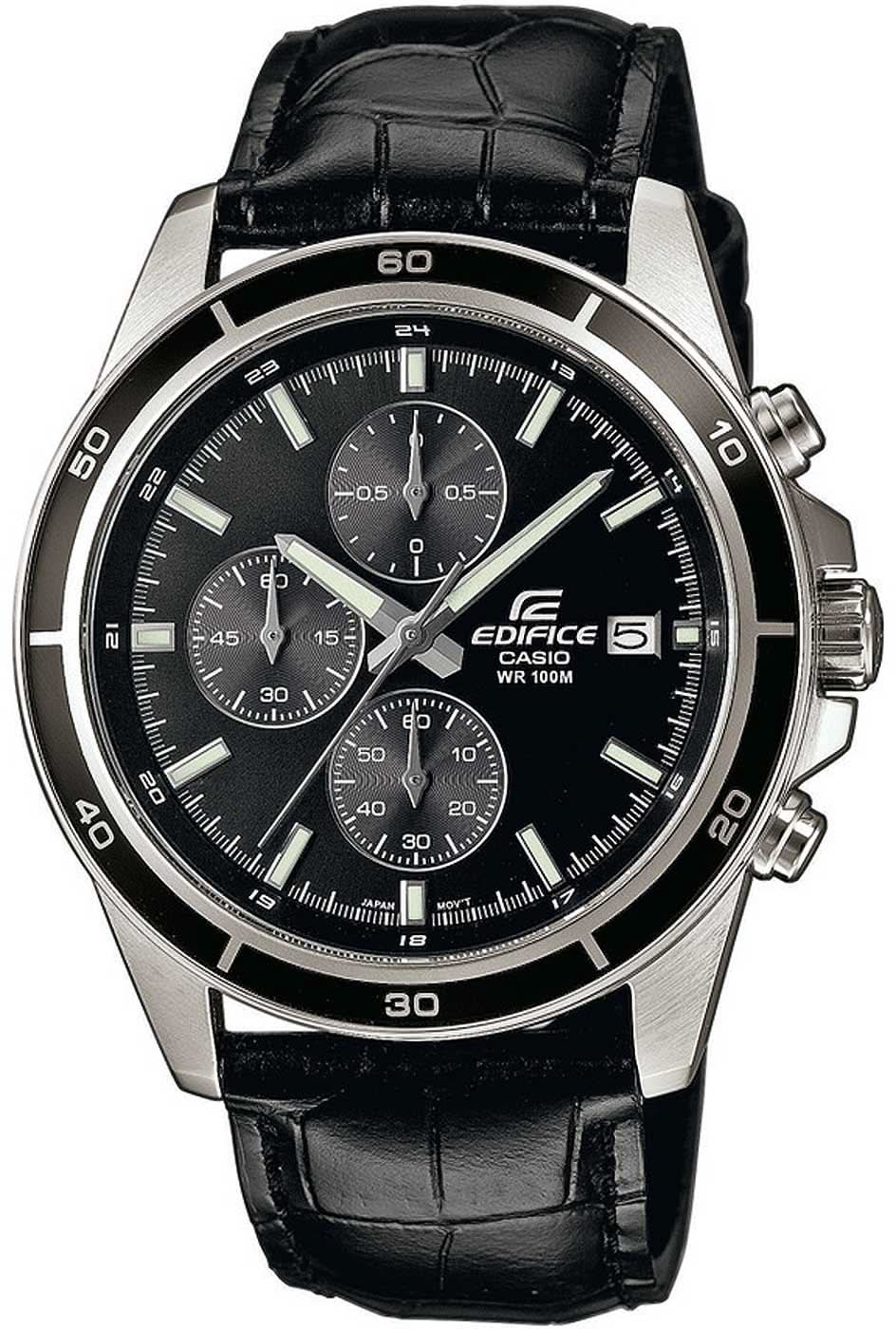 Casio Edifice Montre homme avec bracelet en cuir noir, cadran noir et sous-cadrans chronographe