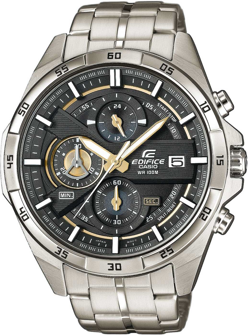 Casio Edifice Montre Homme : Bracelet en acier inoxydable, cadran noir, chronographe avec trois compteurs