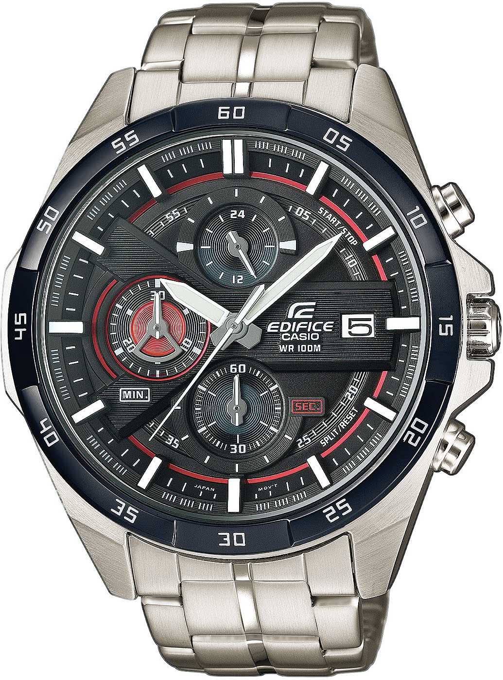 Chronographe pour homme avec cadran noir, accents rouges et bracelet en acier inoxydable