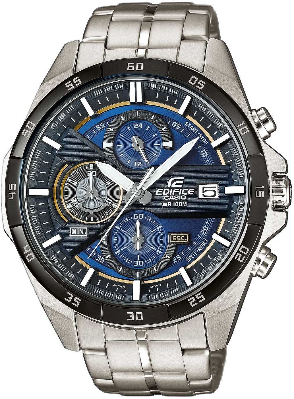 Casio Edifice Montre homme avec bracelet en acier inoxydable, cadran rond foncé et sous-cadrans chronographes bleus