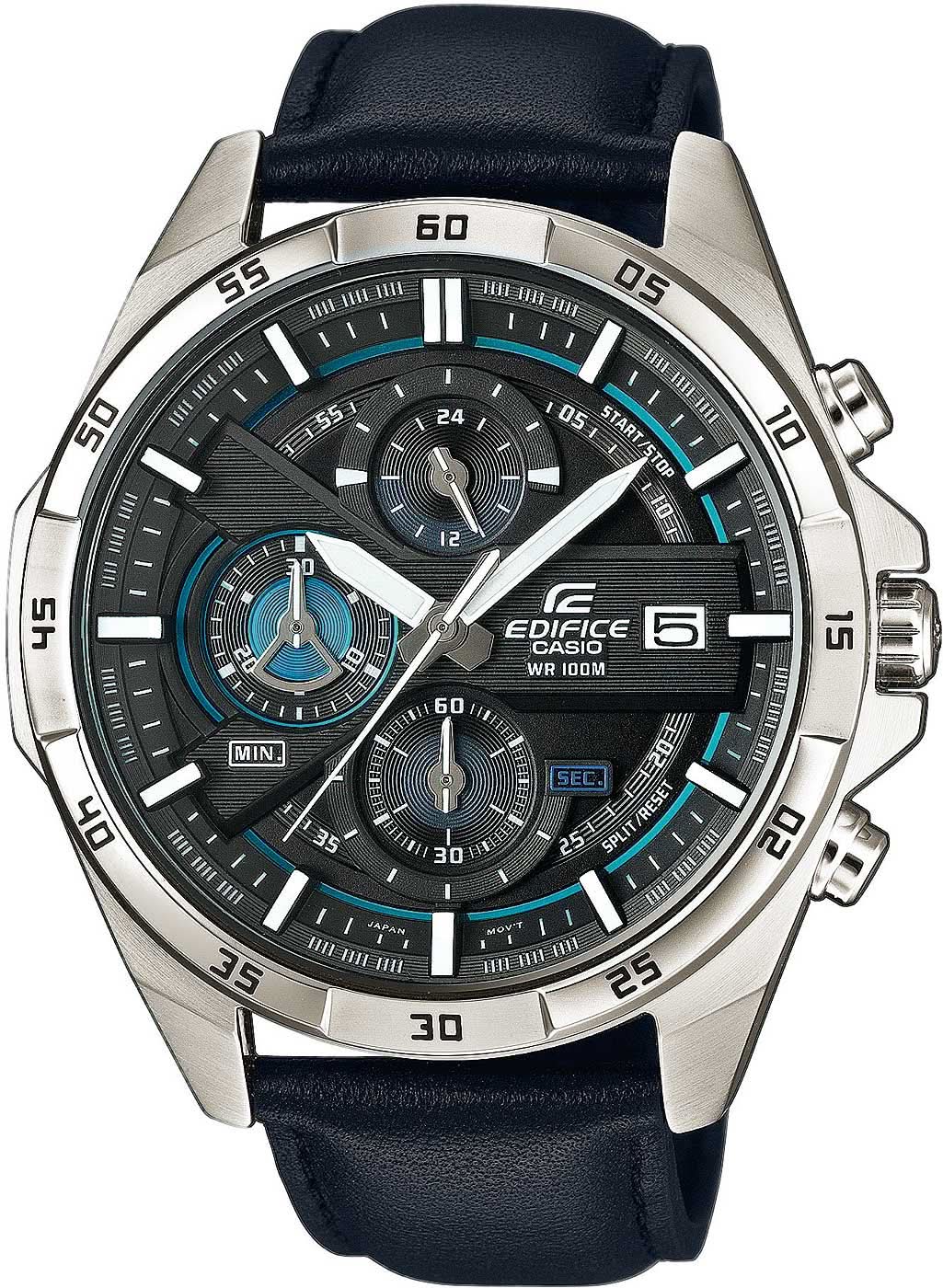 Chronographe pour homme avec bracelet en cuir noir, cadran sombre et accents bleus