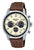 Montre chronographe pour homme : boîtier argenté, bracelet en cuir marron, cadran analogique.